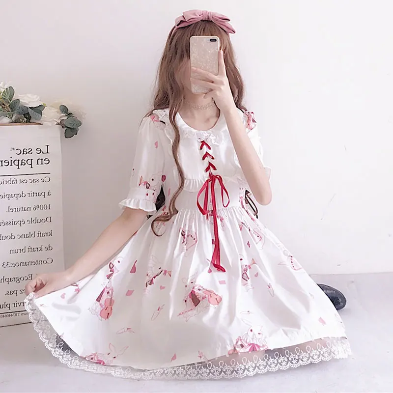 Lolita Dress Sweet Rabbit Cute Japanese Kawaii Girls Princess Maid Vintage Gothic Printed Patterns Lace White Red Summer Skirt |