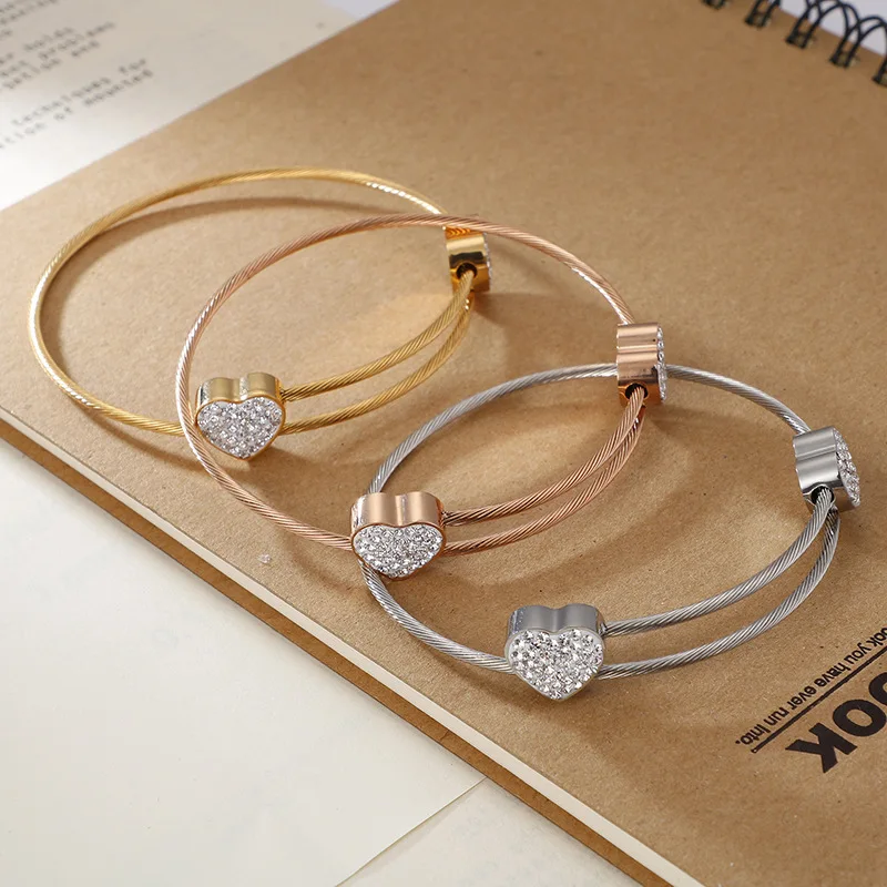 

Fashion Women Fine Bangles Silver Stainless Steel Double Layer Hearts White Pearl Wire Cable Cuff Bracelets Pulseras Jewelry