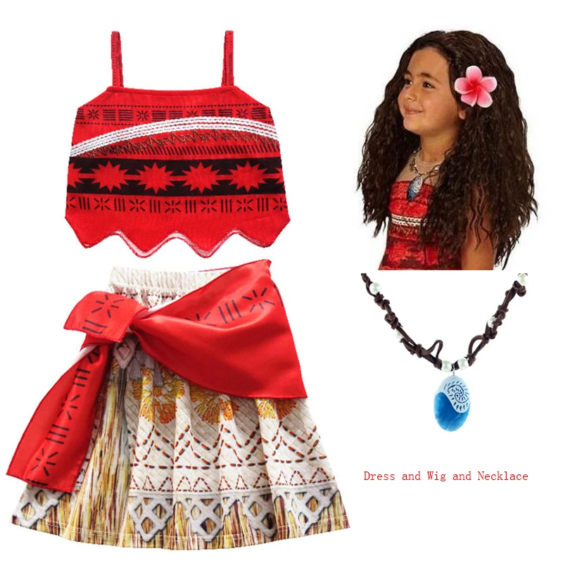 Летнее платье Моана для девочек, платья принцессы Моаны, Детские праздничные маскарадные костюмы с париком, детская одежда, одежда Vaiana - Цвет: Dress Wig Neckalce