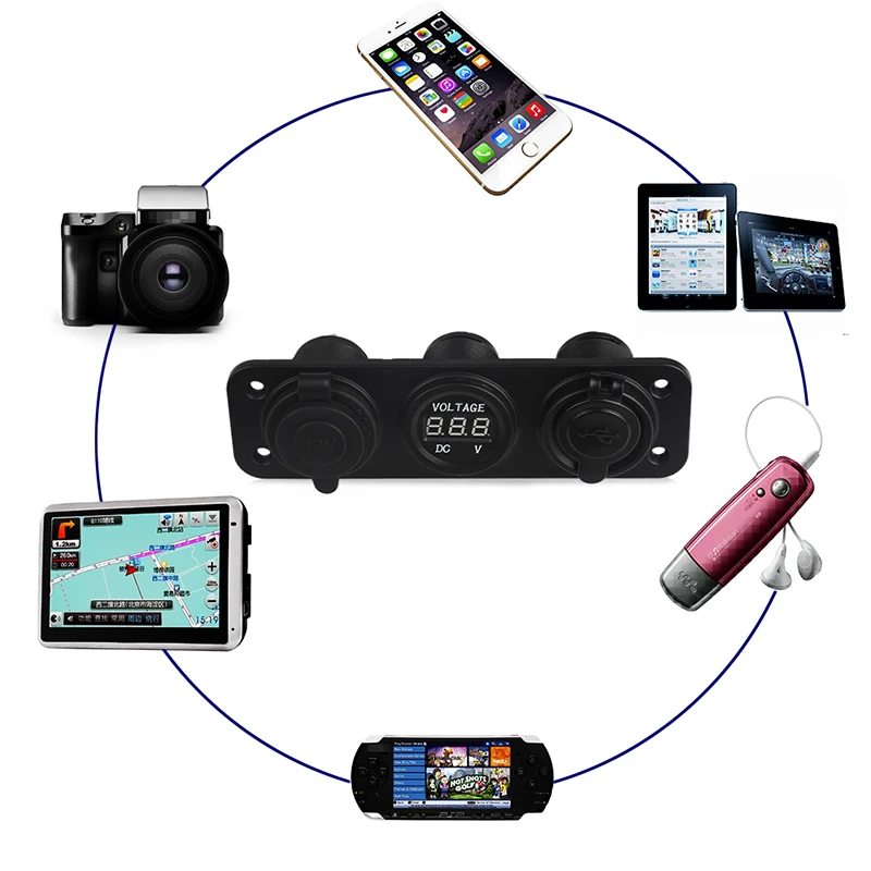 

DC12V-24V USB Socket Splitter 3 in 1 Car/Boat/Phone Charger Digital Voltmeter Painel Digital Moto Socket Car Cigarette Lighter