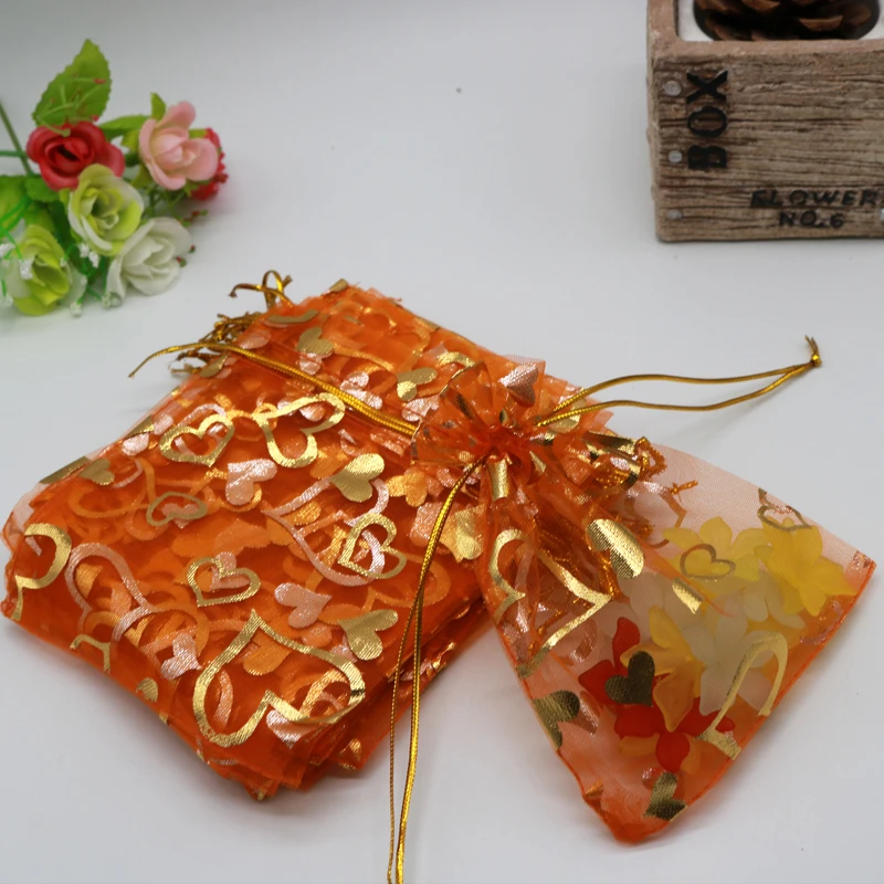 Оранжевый хранения сумки 9x12 см 100 шт./лот Золотое сердце Отпечатано мешочки из органзы со шнурком Чехлы для ювелирных изделий шариков