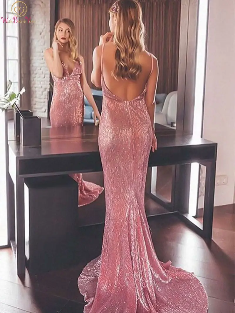 

2019 Deep V Neck Pink Evening Dresses Formal Mermaid Long Sequined Gowns Backless Spaghetti Strap Sleeveless Prom Party Dress