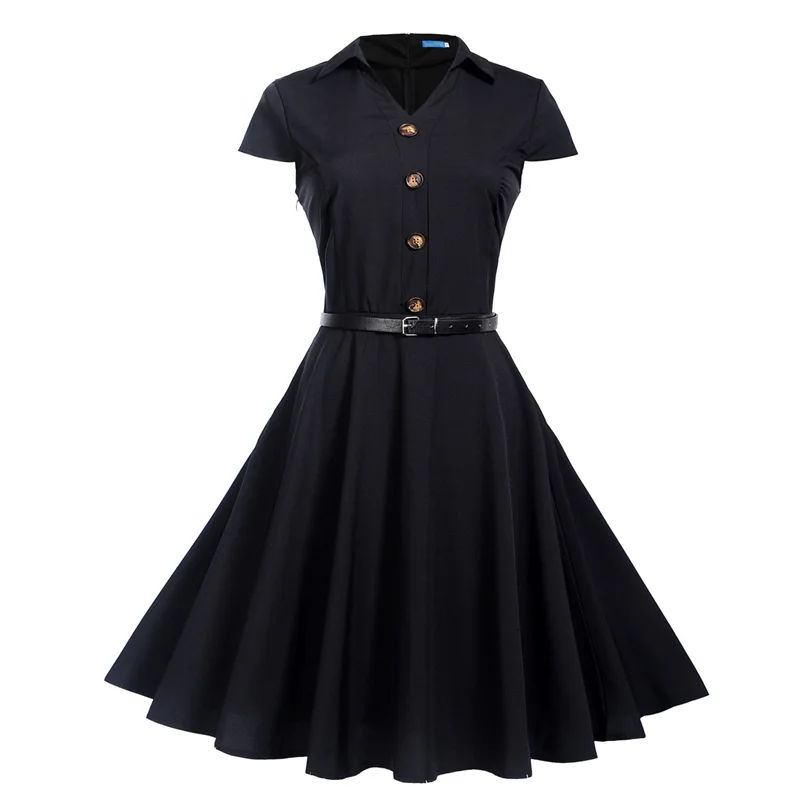 Kostlich Turn-down Collar Solid Color Dresses Hepburn Vintage Short Sleeve Dress Women Big Swing Dress S-2XL With Sashes (27)