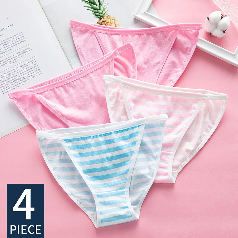 

4Pcs/Lot Women's Panties Cotton Stripe Briefs Pink Sexy Thong Female Underwear Women Tanga Breathable Lingerie Ladies Underpants