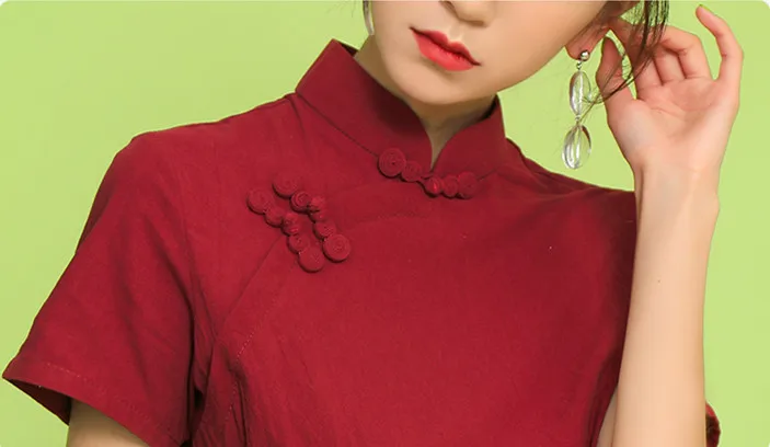 SWEETXUE Red Elegant Cheongsam Summer Sress Vintage Stand Collar Buckle Solid Color Midi Dresses Women Vestidos Femme