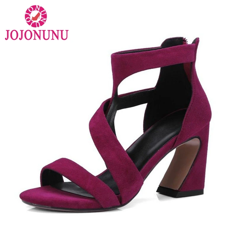 

FITWEE Vintage Women Real Genuine High Heel Sandals Zipper Open Toe Thick Heel Sandals Summer Club Women Shoes Size 34-39