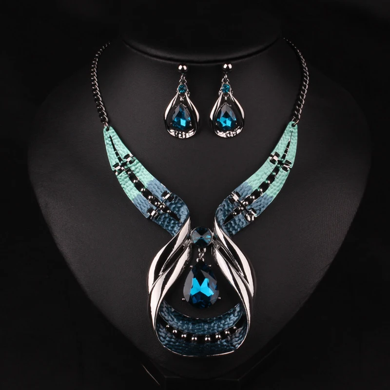 Austrian Crystal Jewelry Sets Fashion Blue Choker Collar Necklace dangle earring Jewellery Silver Plated Bridal Wedding Jewelry