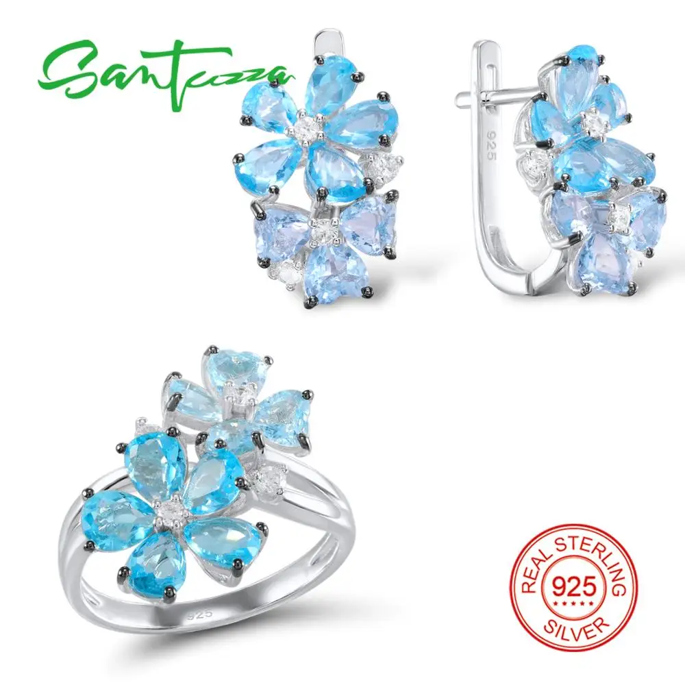 

Silver Jewelry Sets For Women Blue Stone White Cubic Zirconia Ring Earrings Pure 925 Sterling Silver Fashion Jewelry Set