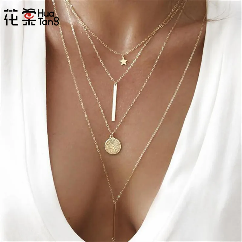 

HuaTang Bohemia Style Gold Chain Necklace Simple Wafer Pendant Necklaces for Women Girl Layered Necklace Jewelry Statement 3869