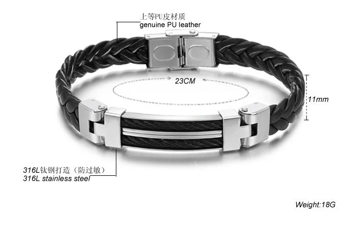 9 ''11 мм дизайн серебро Нержавеющая сталь черный pu кожаный браслет, модные мужские ювелирные изделия