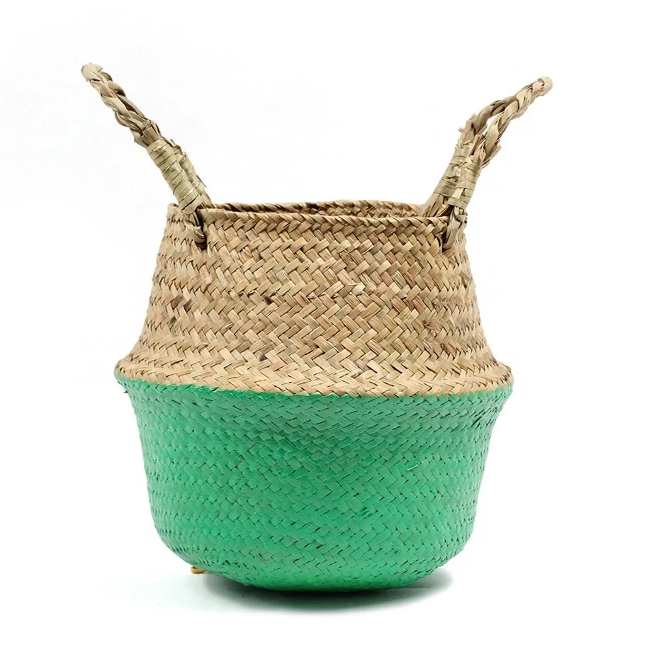 Garden Hand Seaweed Flower Basket Blue And White Flower Pot Double Handle Rattan Basket Basket Weaving Storage - Цвет: green