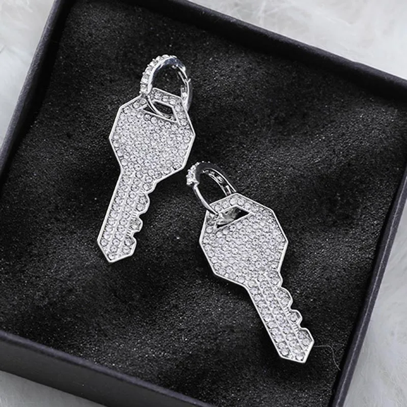 

2019 Exaggerated Shiny Full Rhinestone Crystal Key Geometric Round Circle Drop Earrings for Women Party Jewelry Gift Pendientes