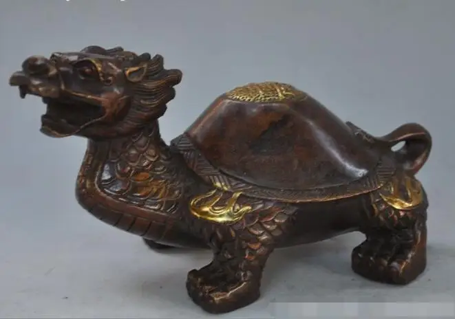 

S03915 China Folk Feng Shui Bronze gilt Wealth Longevity Dragon Tortoise Turtle Statue B0403