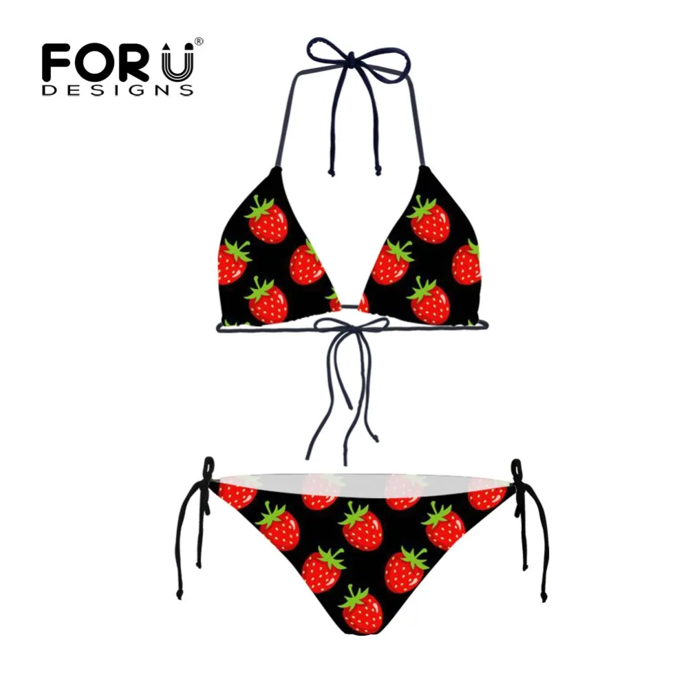 

FORUDESIGNS Red Strawberry Pattern Fruit Swimming Suit for Women High Waist Bikini Push Up Swimsuit Female Large Size Swimwear