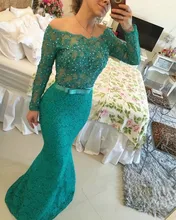 2016 neue Abendkleider Boot-ausschnitt Long Sleeve Applique Mit Perlen Elegante Bodenlangen Abendkleid