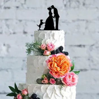 

Bride and Groom Silhouette with Pet Dog Wedding Engagement Romantic Cake Topper for Wedding Cake Decorating Accessory