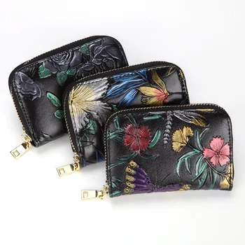 

Genuine Leather Women Zipper Short Wallet Flower Pattern Coin Pocket Embossed Organ Bifold Pouch Multi-Card Holder Money Purse