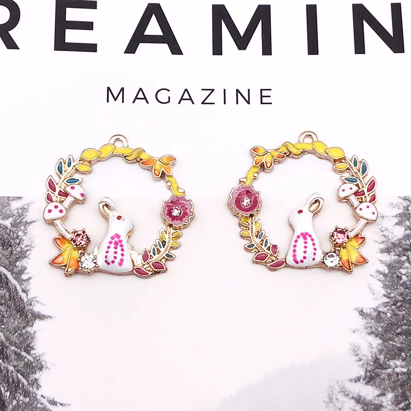 

6 pcs Alice Rabbit Wreath Enamel Charms Earring Decoration Flower Alloy Pendant Floating For DIY Jewelry Accessories YZ272