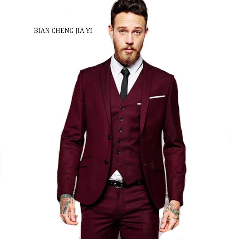 

Hot selling Wine red Men Wedding Suits Formal Single Breasted Suits Groom Prom Tuxedos Business Terno Masculino Homme Costumme