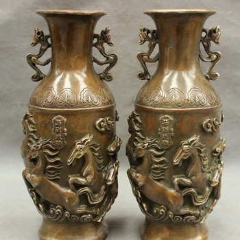 

song voge gem S3045 10" Chinese Bronze Copper Wealth Dragon 8 JiXiang Horse Statue Pot Vase Pair