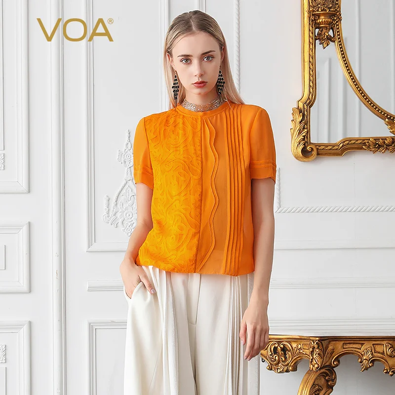 

VOA 2018 Silk Summer Splice Mujer De Moda Orange Party Button Camisetas Mujer Verano Feminina Short Sleeve T-shirt Women B671