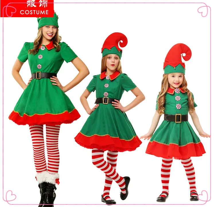 Рождественский костюм эльфа для детей и взрослых; семейный зеленый костюм эльфа; карнавальные вечерние костюмы; Рождественский комплект с чулками - Цвет: female