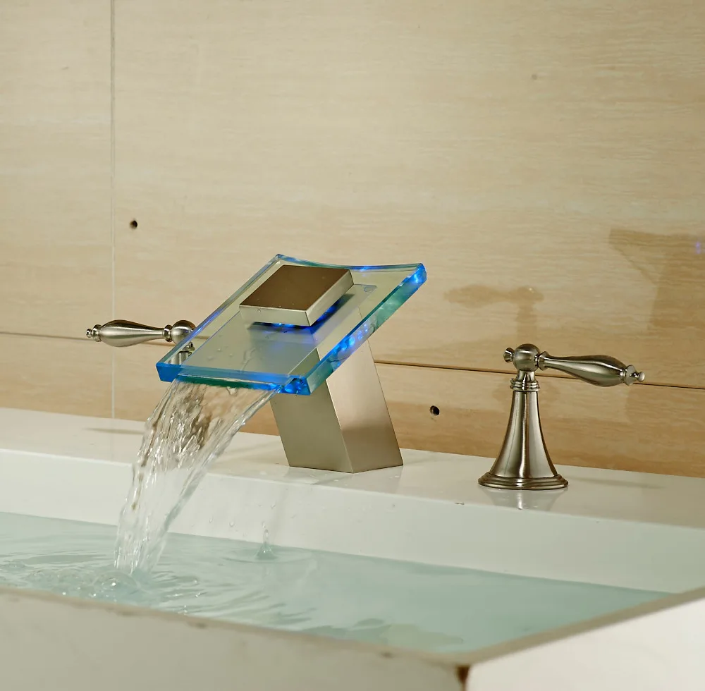 

Brushed Nickel Waterfall Bathroom Sink Mixer Faucet with LED Light
