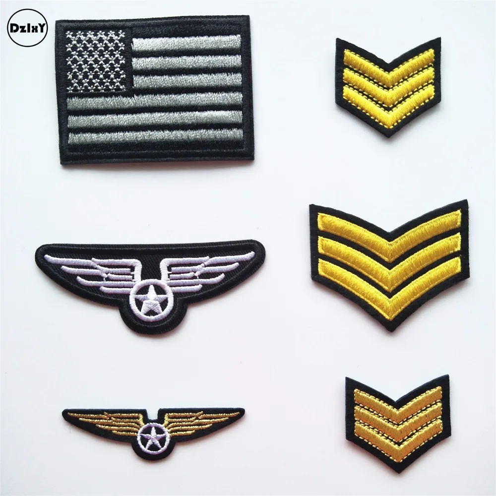 

1 PCS Military Rank parches Embroidered Iron on Patches for Clothing DIY Motif Stripes Clothes Stickers American flag Badges @Q