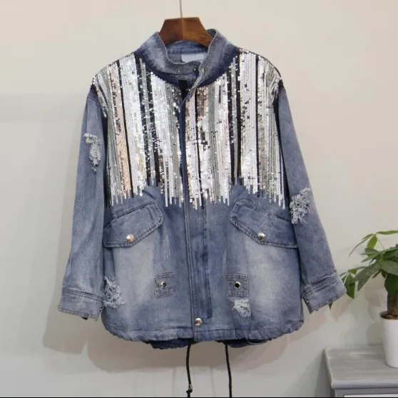 Femelle Stand À Nouveau Manteau Outwear Lâche Bleu Longues De Col Automne Printemps Bling Jeans Veste Femmes 2018 Rétro Manches Paillettes Denim U7qvdgHxw1