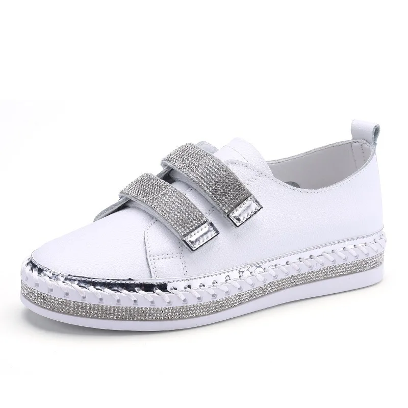 

White Genuine Leather Woman Flats sneakers 2019 crystal espadrilles oxford shoes ballerina flat shoes moccasins platform loafers
