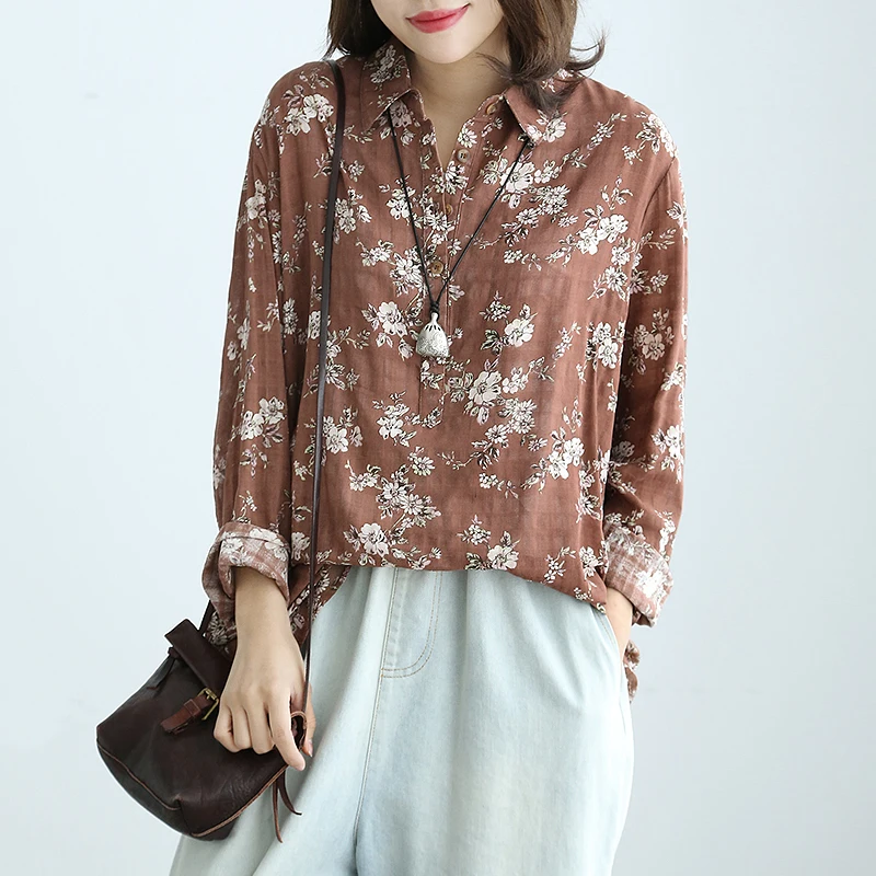 

TongKou Literary small floral lapel shirt female 2019 new long-sleeved women's loose cotton linen bottoming clothes