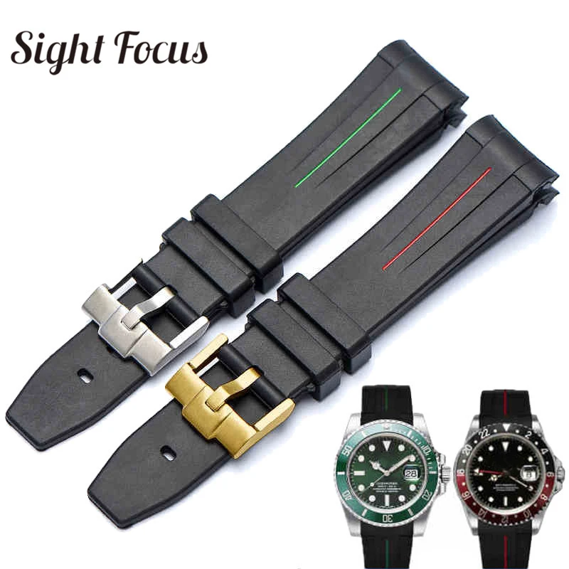 Curved 20mm 21mm Watch Strap for Rolex Black Water Ghost Rubber Watchband Submariner GMT Strap Male Bracelets Relogio Masculino