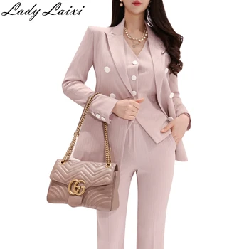 

2020 Spring High quality Business Office Ladies Striped 3 Pieces Set Double Breasted Slim Blazer+Patchwork Top+High Waist Pants