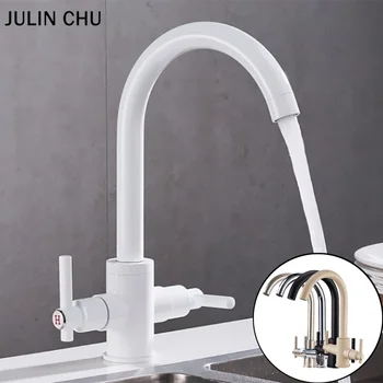 

Black Kitchen Faucet Brushed Double Handle Hot and Cold Water Mixer Tap Polished Chrome Beige White Kitchen Sink Faucets Brass