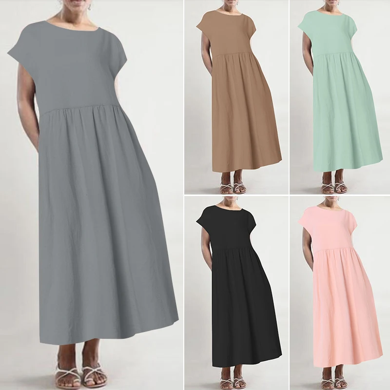 

Women's Linen Sundress ZANZEA 2019 Casual Short Sleeve Vestidos Plus Size Summer Mid Calf Dress Female Pleated Robe Femme S-5XL