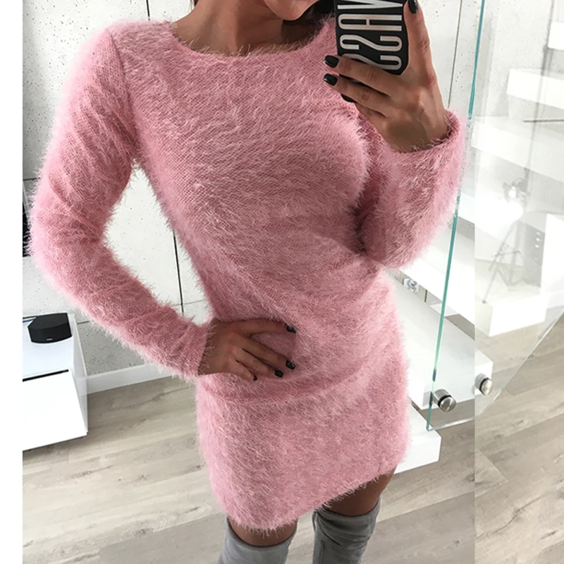 Fuzzy Knitted Sweater Women Dress Female Winter Plus Size Vestidos 2017 Autumn Dresses Warm Long 