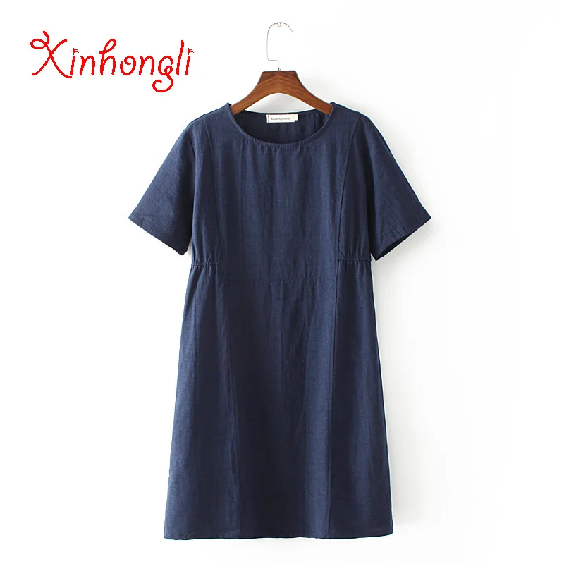 

Plus size dark blue & pink cotton A-Linen women dress 2019 solid color summer ladies vestidos female O-Neck Short sleeve dresses