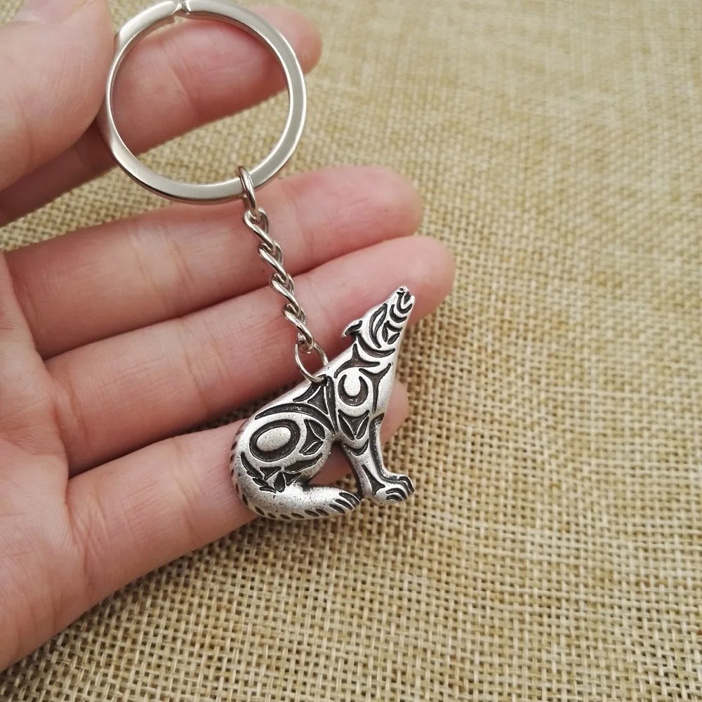 Howling Wolf & Moon Pewter Metal Emblem Metal Ring Key Chain Howling Wolf & Moon Pewter Metal Emblem Metal Ring Key Chain