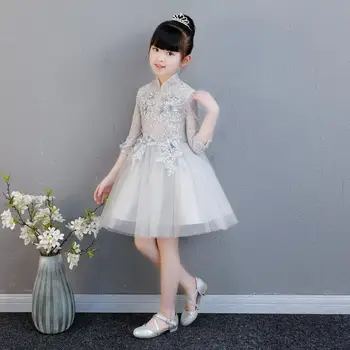 

2019 Kids Girl Pearls Christmas Wedding Party Dress Children Lace Mesh Appliques Princess Dress Baby Girl Elegant Prom Gown Q608