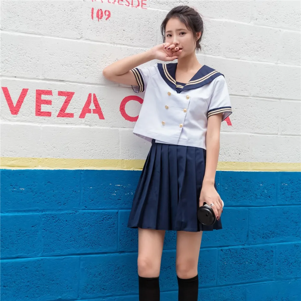 UPHYD Новое поступление сезон: весна–лето короткий рукав; моряк костюм JK корейской школы одежда для девочек S-XXL темно-школьная форма костюм