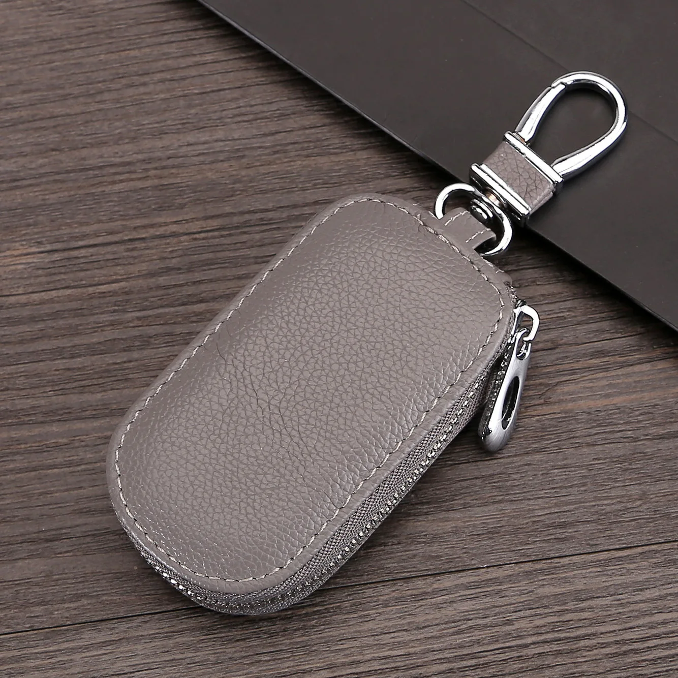 ETya натуральная кожаный брелок для ключей, брелок для ключей для мужчин Организатор ключей экономки Для женщин брелок чехлы кейс на молнии сумка - Цвет: Light gray