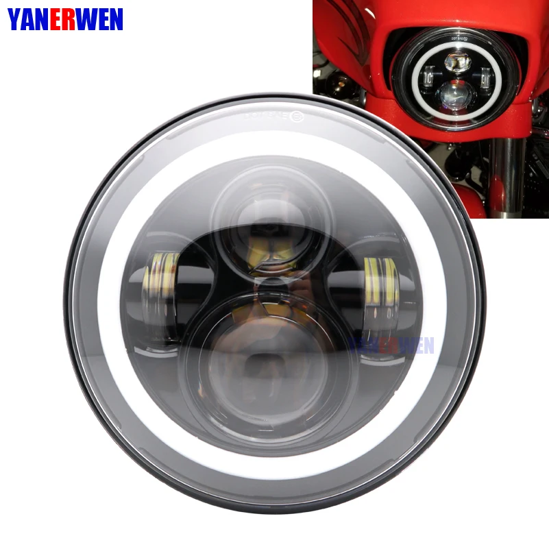 

7 inch Round Motorcycle LED Headlight For DRL with white Halo Angel Eyes H4 Motorcycle Headlamp DOT SAE E9