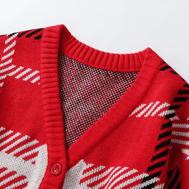 Fashion Week Street Beauty Blogger Same Red Chequered Card V-collar Lazy Wind Loose Knitted Women 2019 Fashion Women Sweater