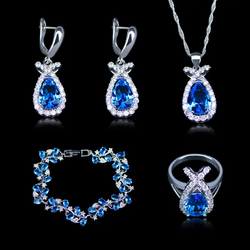 

2017 new arrival Water Drop Sky Blue Crystal White Zircon 925 Stamp Silver Color Jewelry Sets For Women Bracelets Jewelry Set