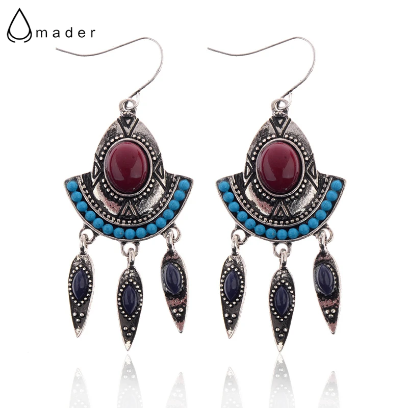 

Amader Ethnic Red&Blue Beads Silver Earrings New Designer Alloy Tassel Carved Drop Earring Female Pendientes HQE662