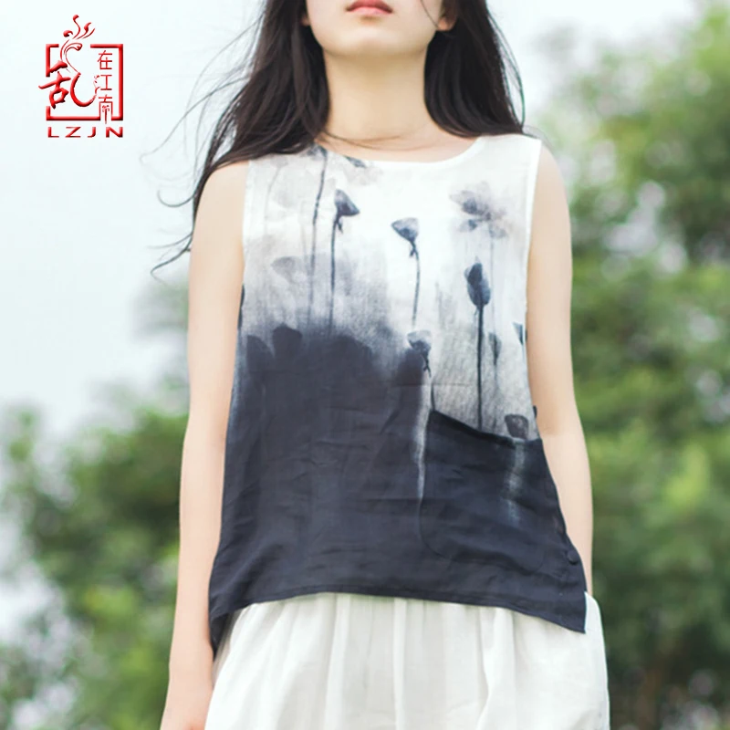 

LZJN 2019 Women Tops Tanks Summer Shirt New Casual 100% Ramie Vintage 3D Positioning Printing Women Sleeveless O-Neck Vest Top