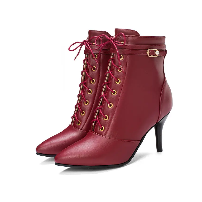 QUTAA/ г. Новые осенние модные ботильоны на шнуровке с острым носком Универсальная женская обувь из искусственной кожи на тонком высоком каблуке и молнии размеры 34-43 - Цвет: Бордовый