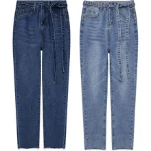 Для женщин Капри Джинсы для женщин с поясом Весна с завязкой Высокая Талия джинсовые Дамские шаровары для женские повседневные свободные Blue Jean Мотобрюки