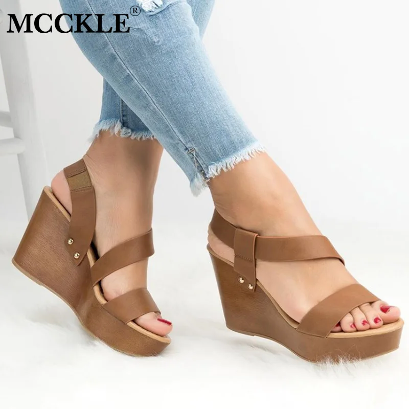 

MCCKLE Women Wedge Platform Elastic Band Slip On Sandals Ladies Gladiator Metal High Heel Shoes Female Fashion Casual Plus Size