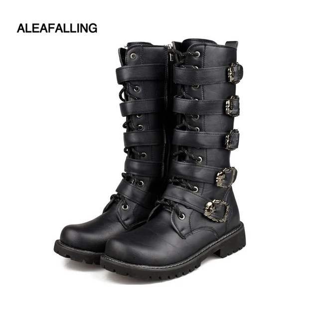 $US $31.59  Aleafalling Men Army Boots High Military Combat Boots Metal Buckle Punk Mid-calf Male Motorcycle Bo